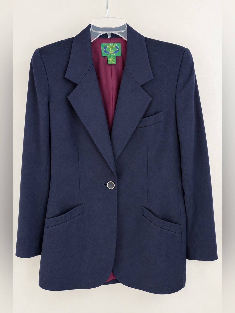 Vintage Charter Club Navy Tailored Blazer Single Button Burgundy Lining Size 8